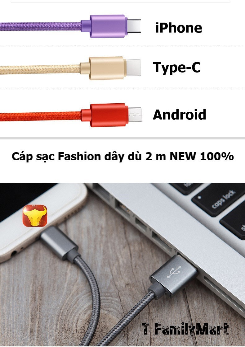Cáp sạc điện thoại và các thiết bị điện tử Fashion sạc nhanh dây dù 2m cổng Iphone-Lightning, Android-Type C, Android-Micro USB - T FamilyMart