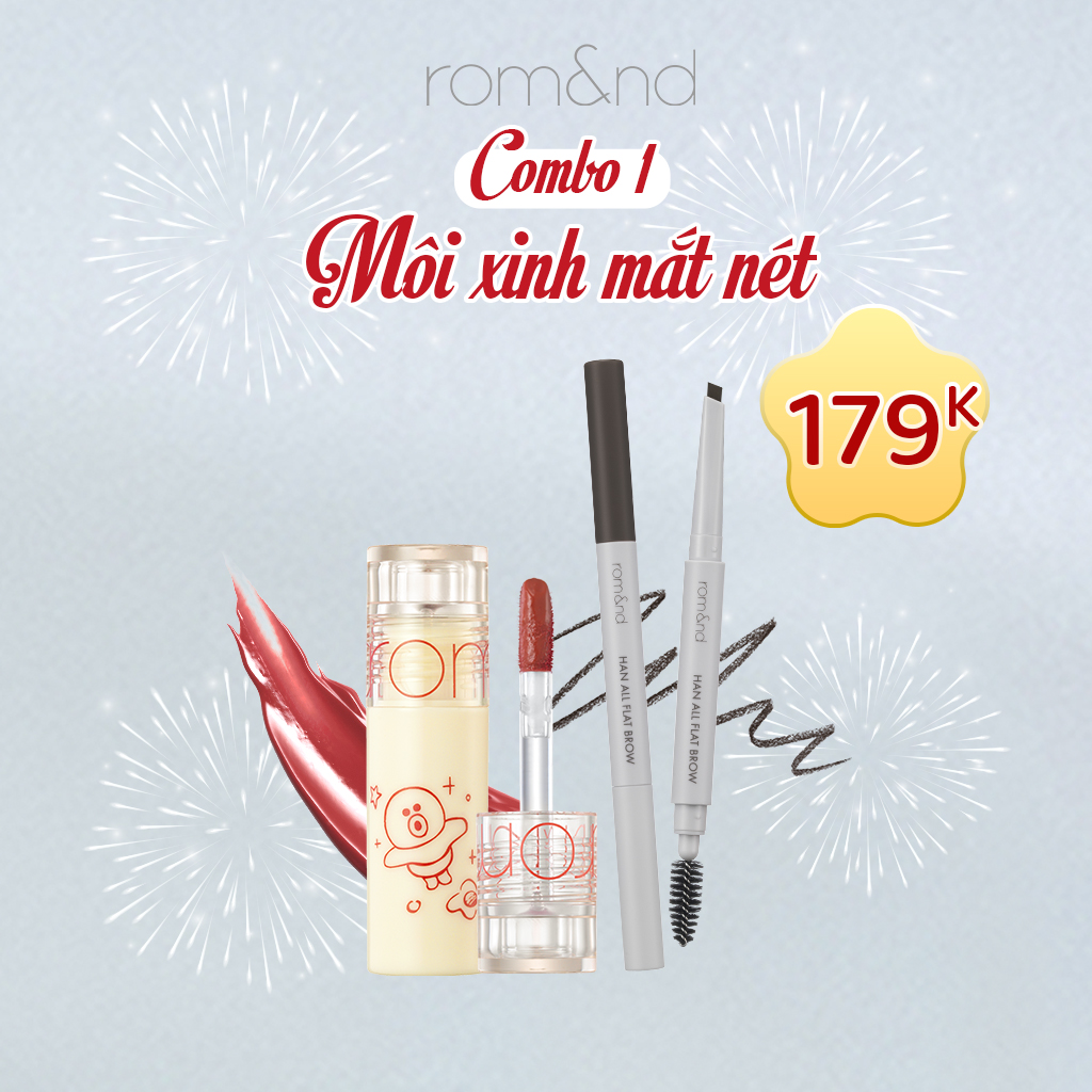 Combo môi xinh mày nét rom&nd son mini line friend + chì kẻ mày han all flat brow 3g