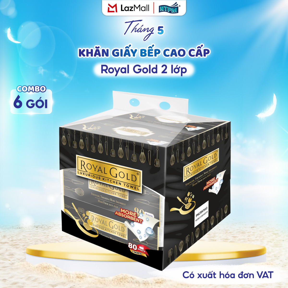 [COMBO 6 GÓI] Khăn giấy bếp cao cấp đa năng Royal Gold, 2 lớp - 100% bột giấy nguyên sinh, không chất tẩy, 80 tờ/gói - Chính hãng