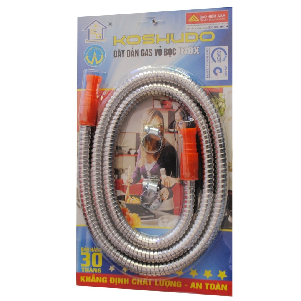Dây gas bếp, dây dẫn gas inox Cao Cấp Koshudo chống chuột an toàn 2 lớp inox và dây cao su dẫn-LOẠI TỐT
