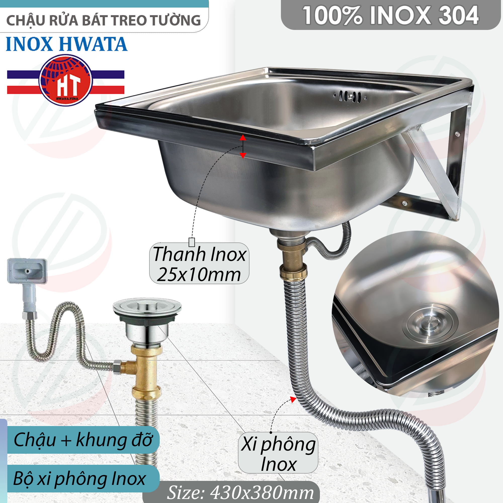 Bộ Chậu Rửa Chén Bát Treo Tường HWATA Xi Phông Inox Chịu Nhiệt - Gồm 2 lựa chọn Bộ Hwata Inox 304 hoặc Bộ Inox 201