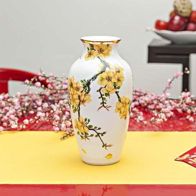 Bình hoa gốm sứ Minh Long Mai Vàng 27cm  Dát Vàng 24K, dùng trang trí phòng khách, tặng quà ngày tết, nội thất nhà ở