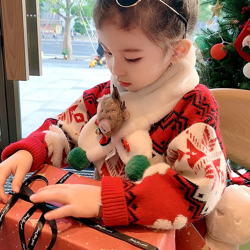 Áo len trắng đỏ cổ 3 phân họa tiết Noel Giáng Sinh Xmas cho bé gái & bé trai