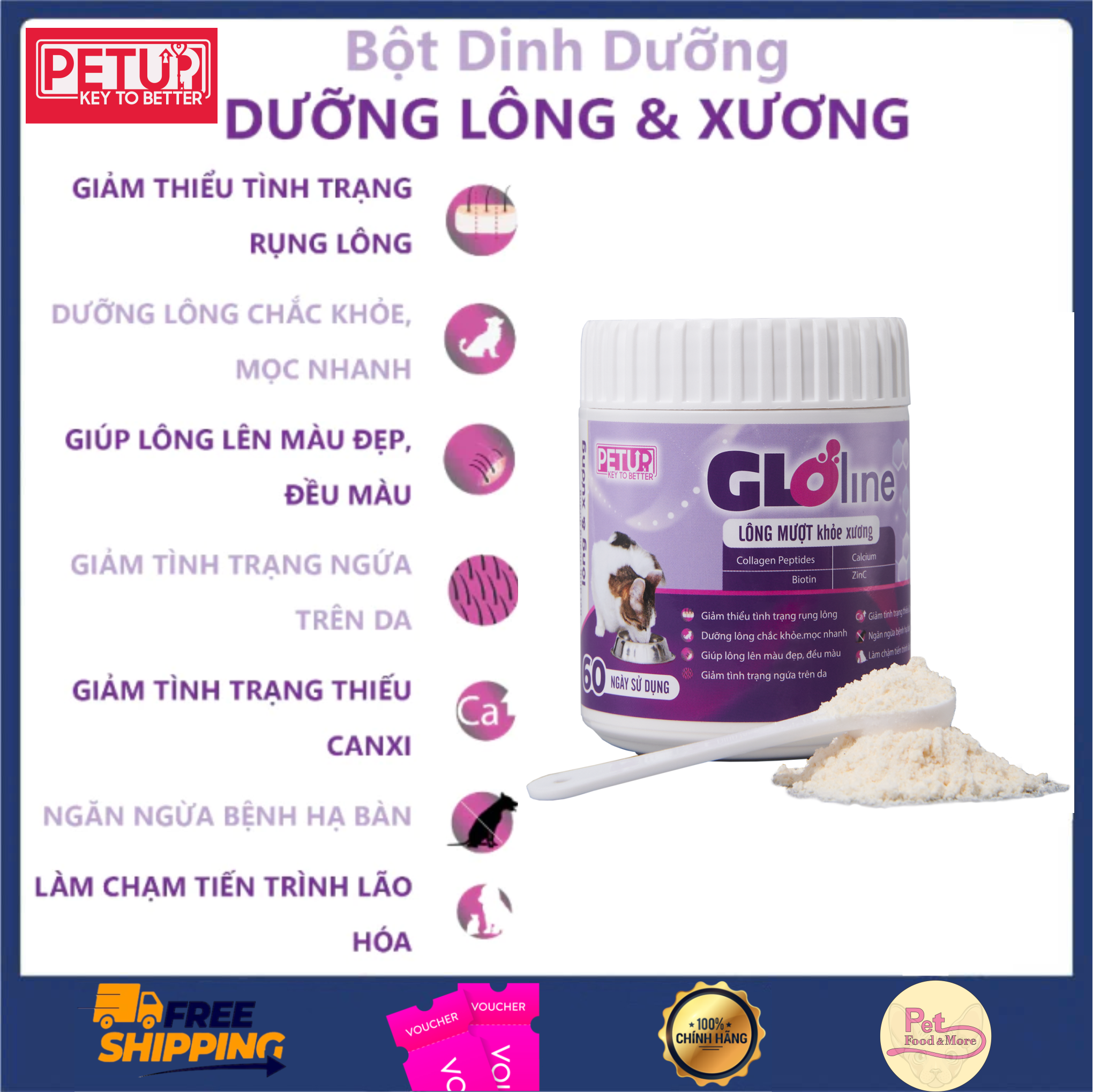 PetUp Gloline Bột Collagen & Biotin Giúp Dưỡng Lông Chắc Xương Cho Chó Mèo Hũ 60gr