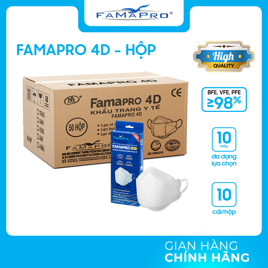 THÙNG 50 HỘP khẩu trang y tế cao cấp kháng khuẩn 3 lớp Famapro 4D KF94 DẠNG HỘP (10 cái / Hộp)