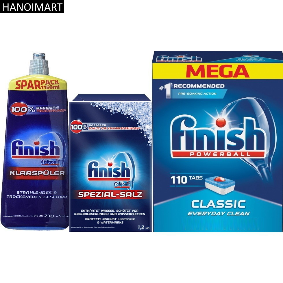 Combo Viên rửa bát Finish 110 viên+ muối rửa bát finish 1.2kg + nước làm bóng finish 1150ml chuyên dùng cho máy rửa bát