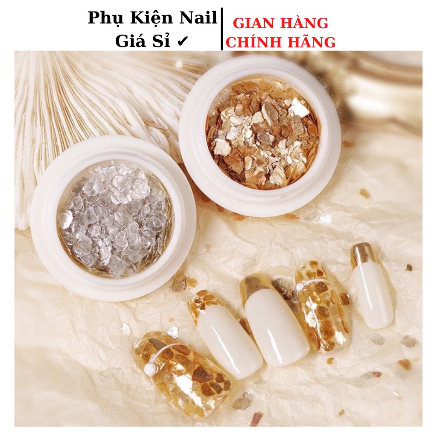 Khảm trai nail trang trí móng 2 màu Vàng/Bạc, nhũ vảy xà cừ, vảy cá