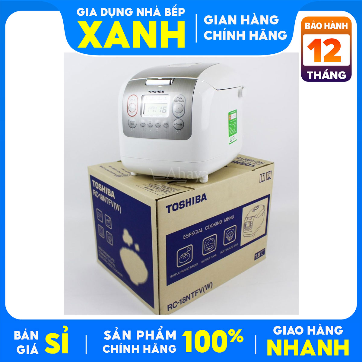 Nồi cơm điện tử Toshiba 1.8 lít RC-18NMFVN(WT)Mới 100%,Lồng nồi phủ Diamond Titanium dính dày 4mm -BH 12 tháng