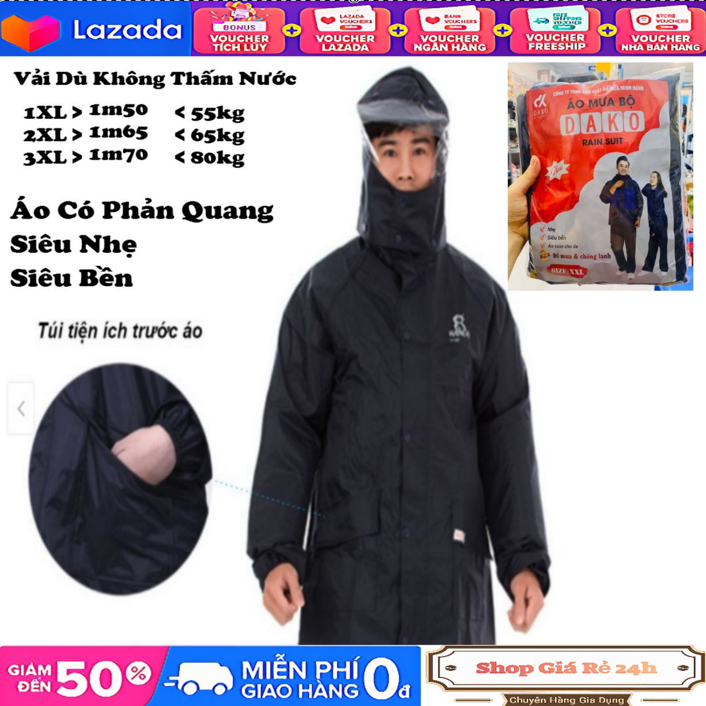 Áo mưa bộ  Vải Dù  Phản Quang Loại Dày dưới 75kg trở xuống - Gồm Áo + Quần + Nón