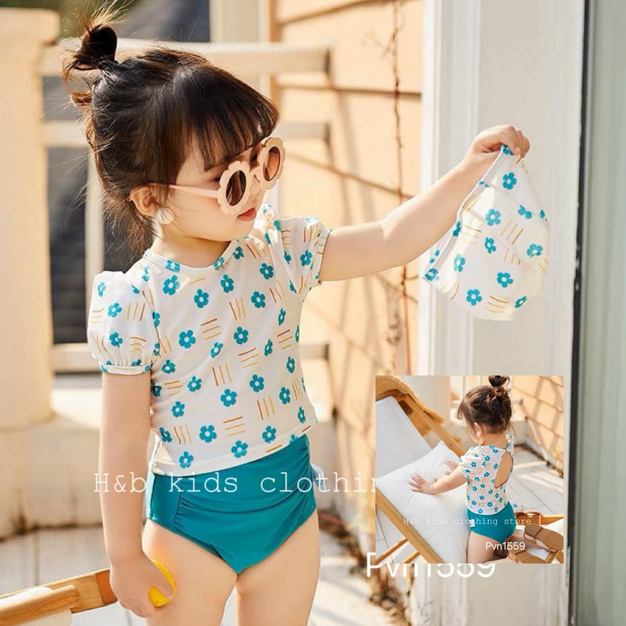 Bikini Cho Bé Gái Bộ Đồ Bơi Bé Gái 2 mảnh hoa xanh kèm mũ