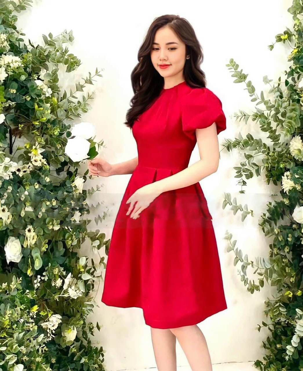 Đầm nữ tay phồng cổ xếp ly có mút chất vải cotton lạnh HARI