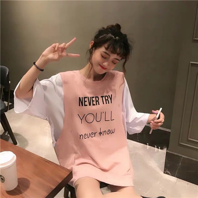 [HCM]Set áo gile Never Try kèm áo thun Ulzzang (Hồng và Trắng)