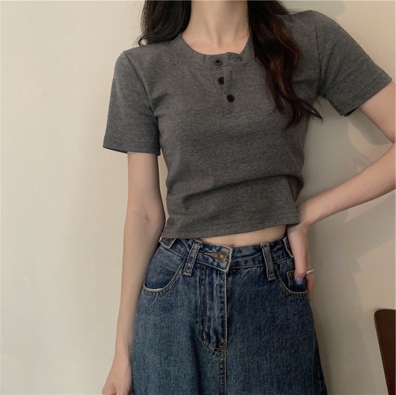 Áo thun nữ, áo croptop nữ, áo kiểu nữ, vải cotton cổ tròn trơn Cổ tròn Màu đen Màu trắng