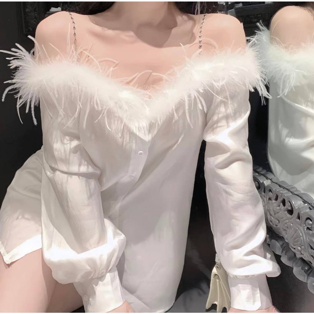 Áo sơ mi trễ vai lông vũ , thiết kế chanh xả