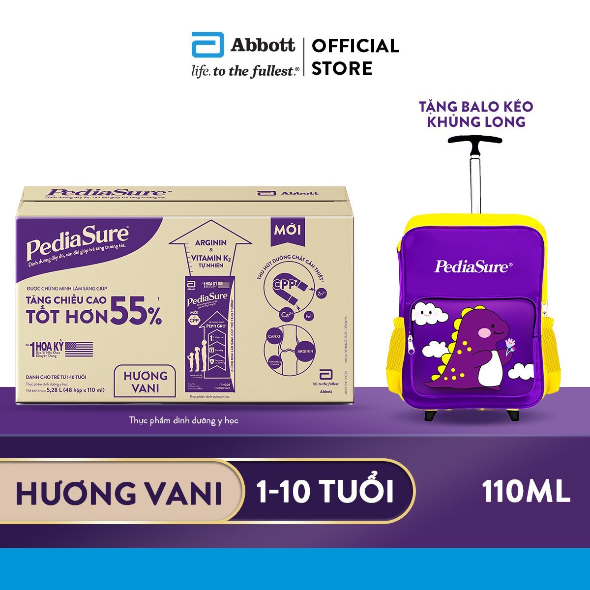 Thùng 48 hộp sữa nước PediaSure 110ml hương Vani cho trẻ 1-10 tuổi tặng Balo kéo khủng long