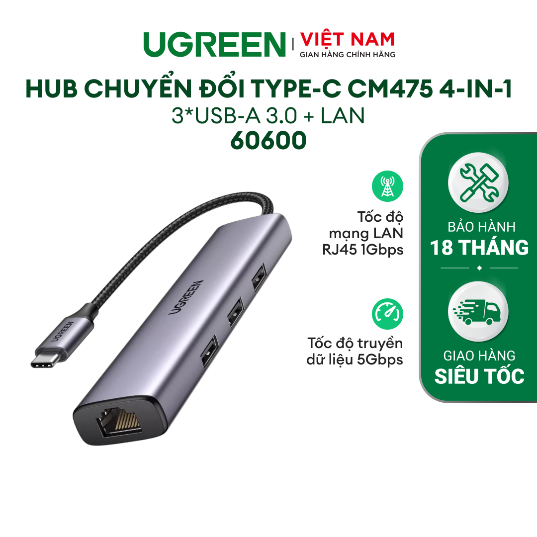 Hub chia usb type-c to 3 cổng usb 3.0 type-a kèm lan gigabit, vỏ nhôm chính hãng ugreen 60600 - hàng phân phối chính hãng