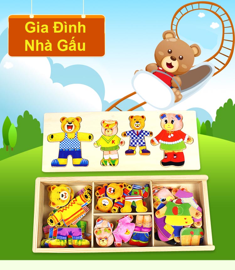 Hộp Ghép Hình Biểu Cảm , Trang Phục Gia Đình Nhà Gấu Bằng Gỗ