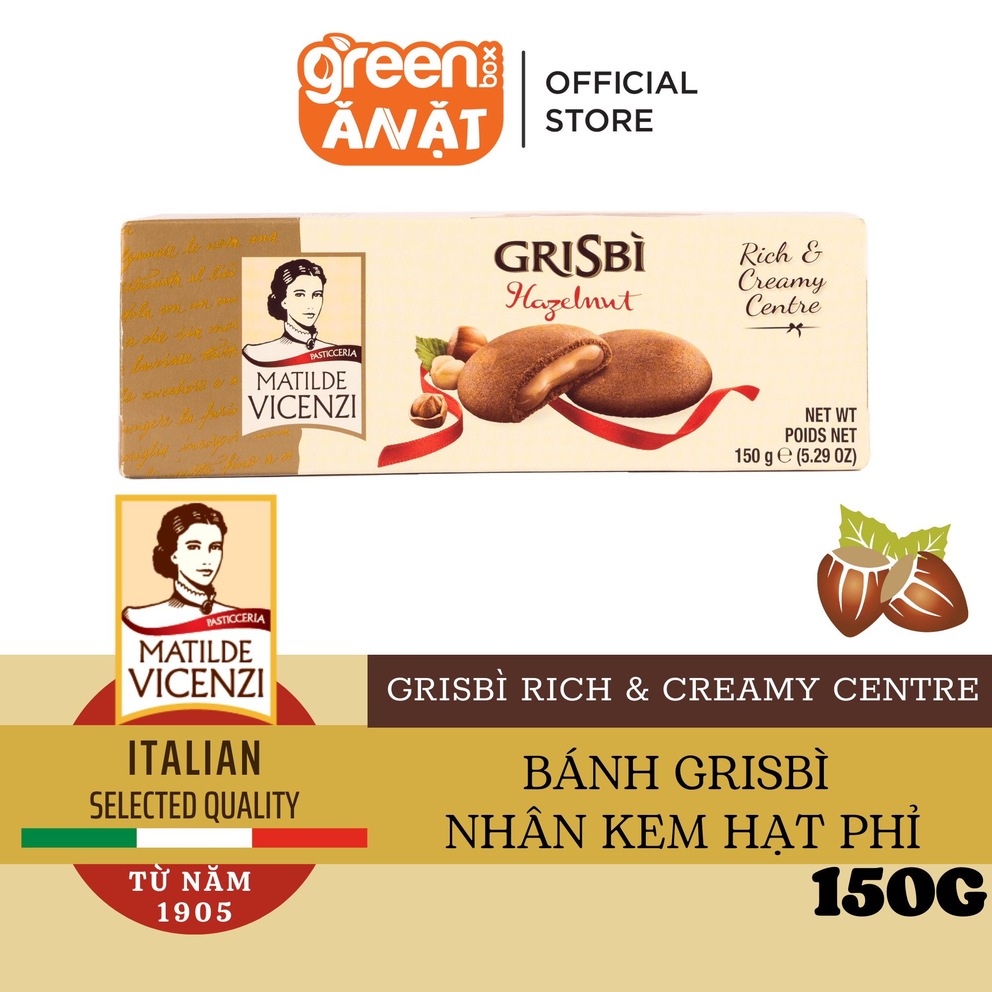 Bánh quy mềm nhân kem hạt phỉ Grisbi Vicenzi nhập khẩu Ý 150g