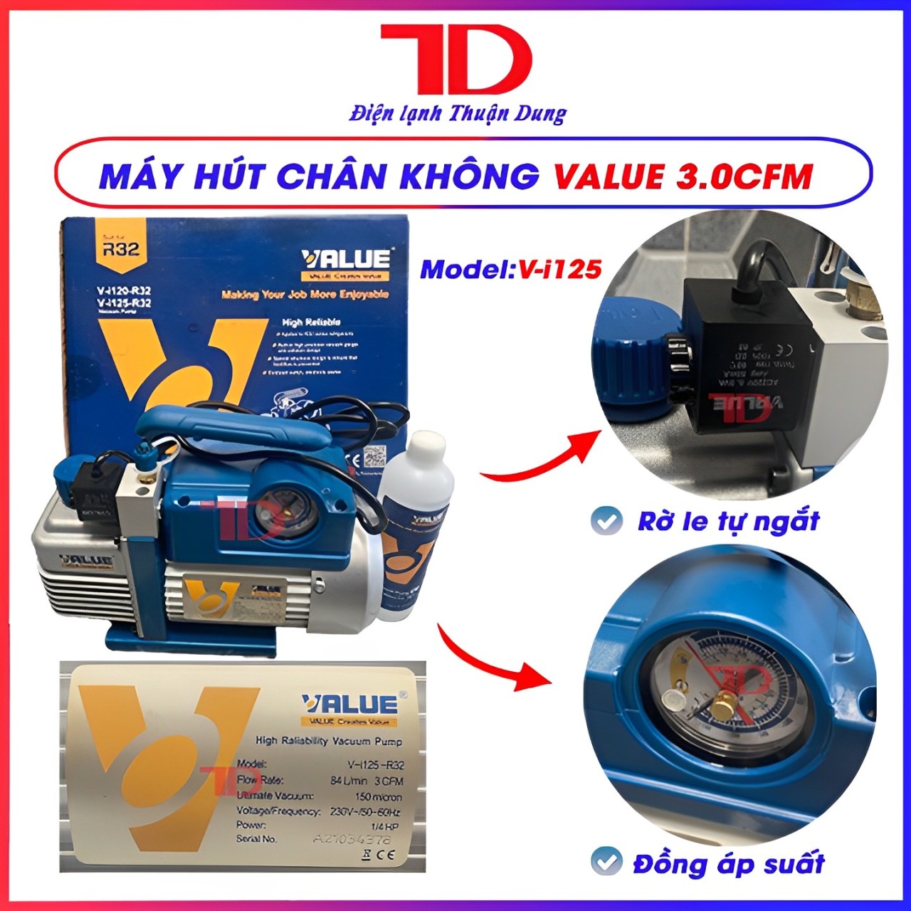 Máy hút chân không value 3.0cfm v-i125 kèm đồng hồ báo áp và rờ le tự ngắt - vật tư điện lạnh ô tô thuận dung