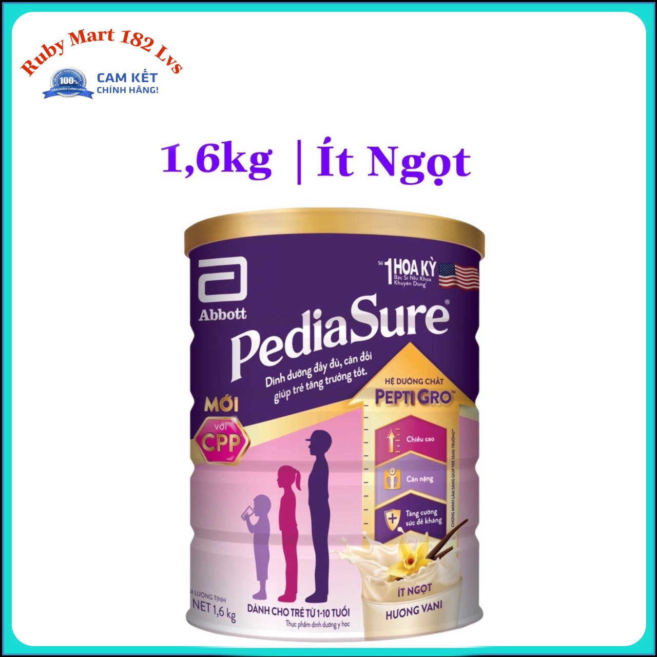 Sữa bột Pediasure Lon 1,6kg Vani Ít Ngọt