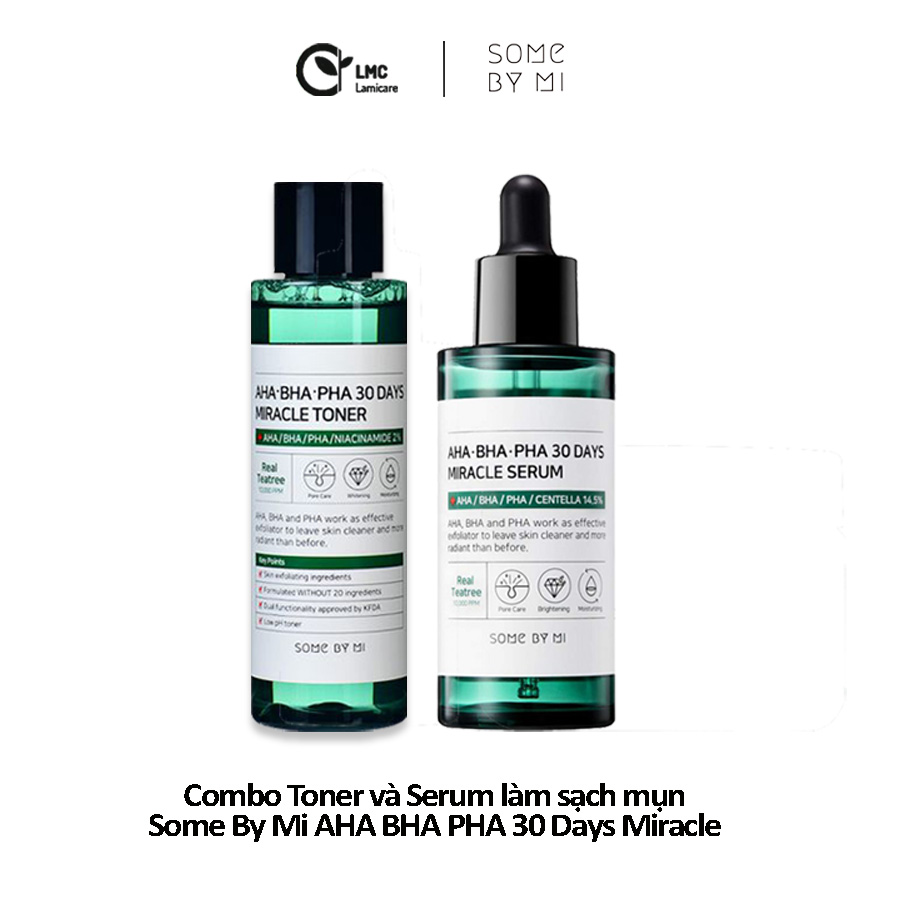 Bộ 2 sản phẩm xóa bỏ mụn thâm Some By Mi AHA-BHA-PHA 30 Days Miracle Acne toner, serum full size