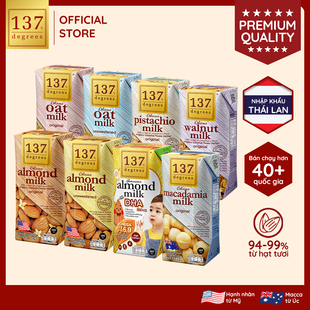 [ĐƠN 450K TẶNG 1 QUÀ NGẪU NHIÊN] Combo 3 Lốc Sữa Hạnh Nhân 137 Degrees 180ml Nguyên Chất Có Vị Ngọt Từ Mật Hoa Dừa/Không Đường Healthy Thái Lan