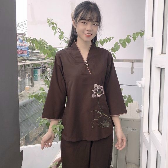 Áo tràng, Quần Áo nữ Phật Tử, Đồ Lam Đi Chùa mẫu nút ngọc kate mã HPA11