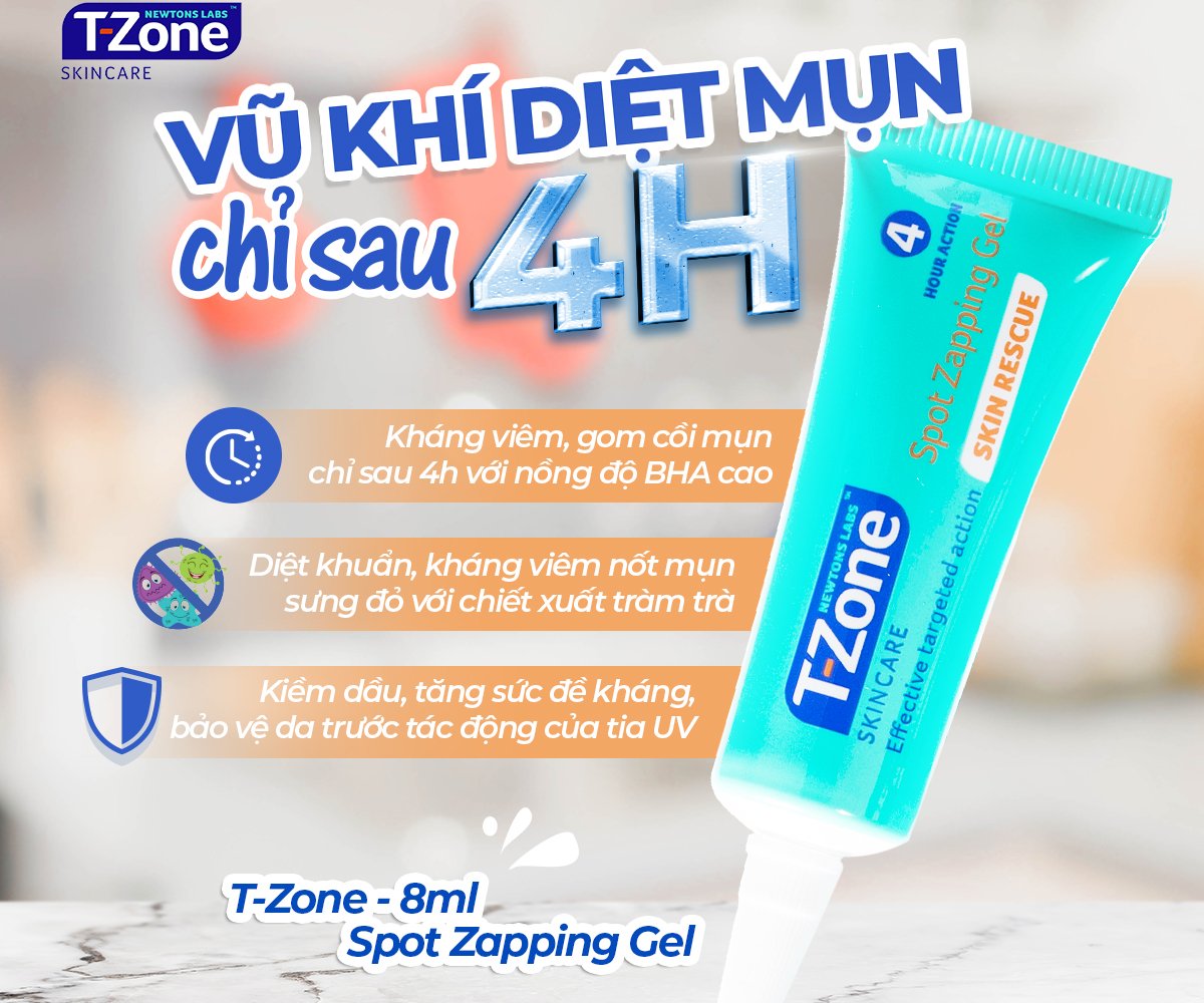 Kem chấm diệt mụn trứng cá, mụn bọc, mụn mủ cấp tốc trong vòng 4 giờ - t-zone 8ml, skincare spot zapping gel