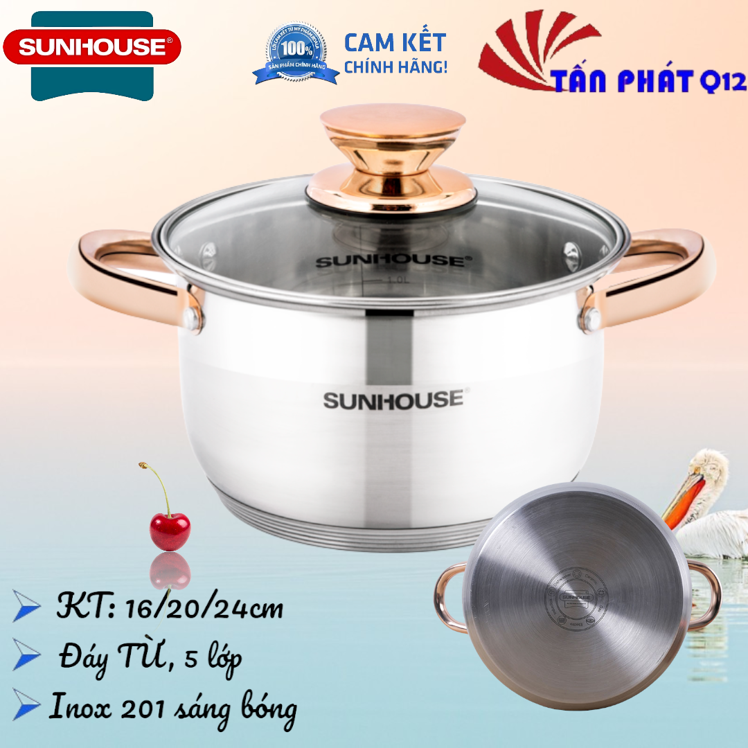 NỒI INOX 5 ĐÁY SUNHOUSE 24CM (QUAI NÚM VÀNG)