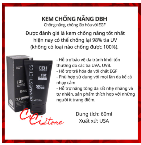 Kem chống nắng dermaesthetics dbh spf 50+/pa+++ egf uv shield 60ml