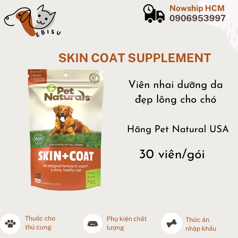 Skin Coat Pet Natural USA - Viên nhai dưỡng da và lông Skin Coat cho chó (Gói 30 viên)