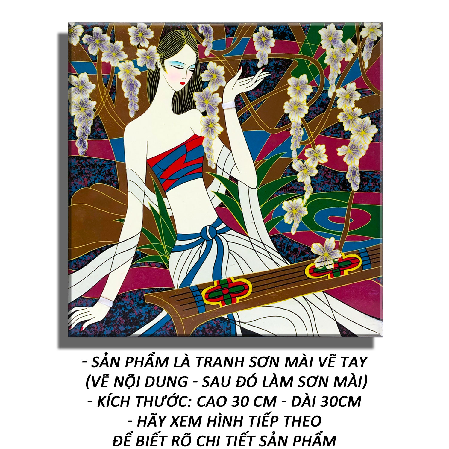 Tranh treo tường đẹp - thiếu nữ bên đàn tranh 01 - tranh minh hiền