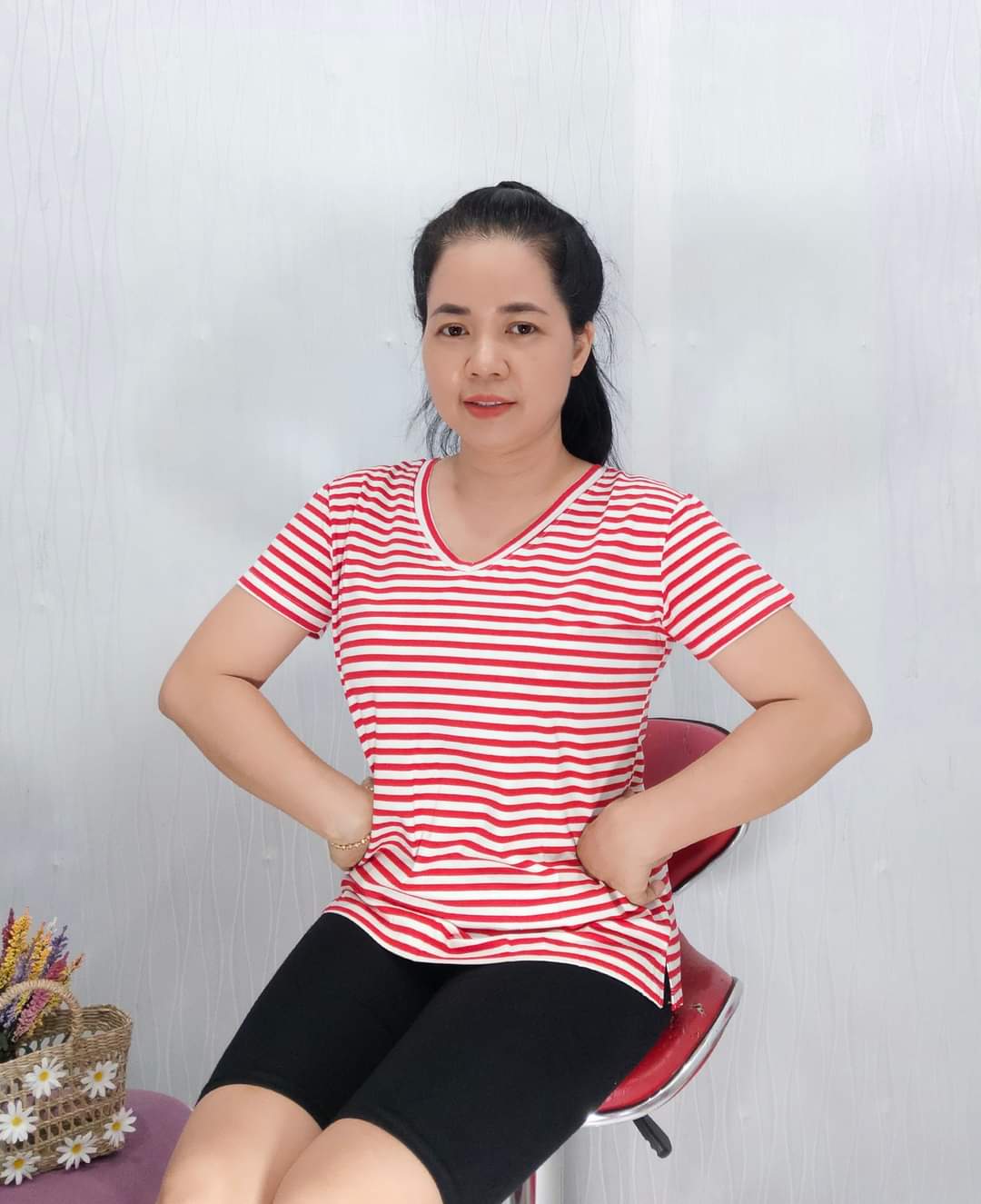 Áo thun nữ sọc cổ tim viền tay ngắn thun 100% cotton vnxk big size Tuyền Phan
