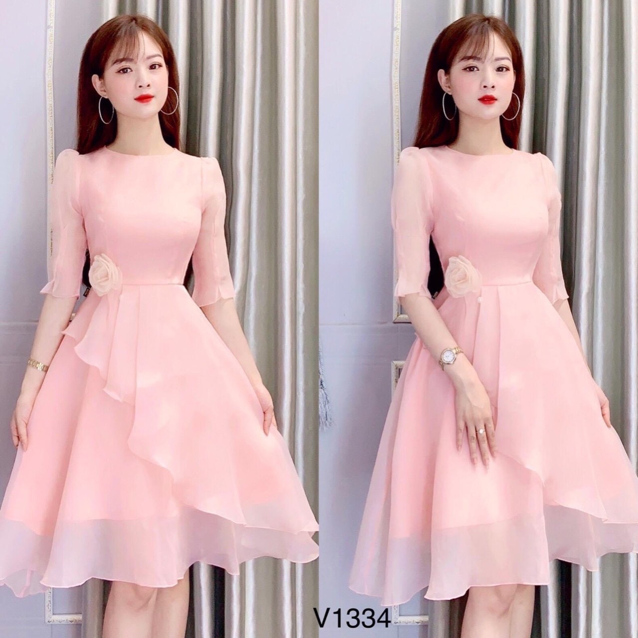 Đầm xòe nữ tay lỡ cách điệu phối bông hoa eo