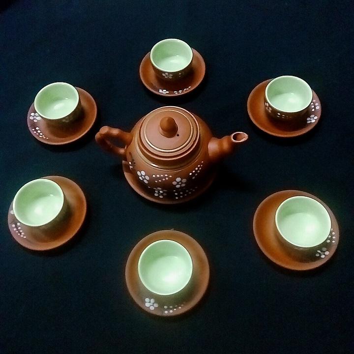 Bộ ấm chén gốm tử sa khảm hoa S3, gốm sứ Bát Tràng