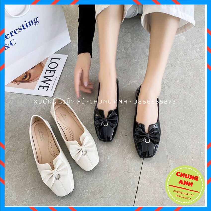 Giày búp bê, giày bệt nữ, giày bệt nơ, giày búp bê nữ đính nơ đế bằng da lỳ bóng cao cấp, đế cao su đúc siêu mềm