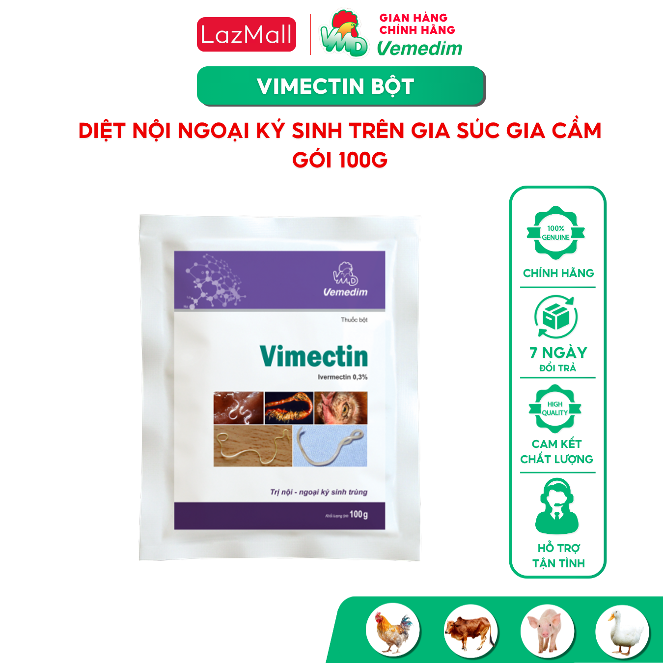 Vemedim Vimectin bột dùng pha nước uống hoặc trộn thức ăn cho gia súc, gia cầm phòng nội ngoại ký sinh, gói 100g