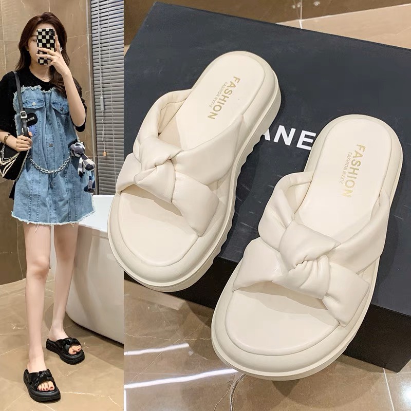 Dép sandals quai chéo chất liệu da xoắn nơ đế cao, dép lê nữ thời trang