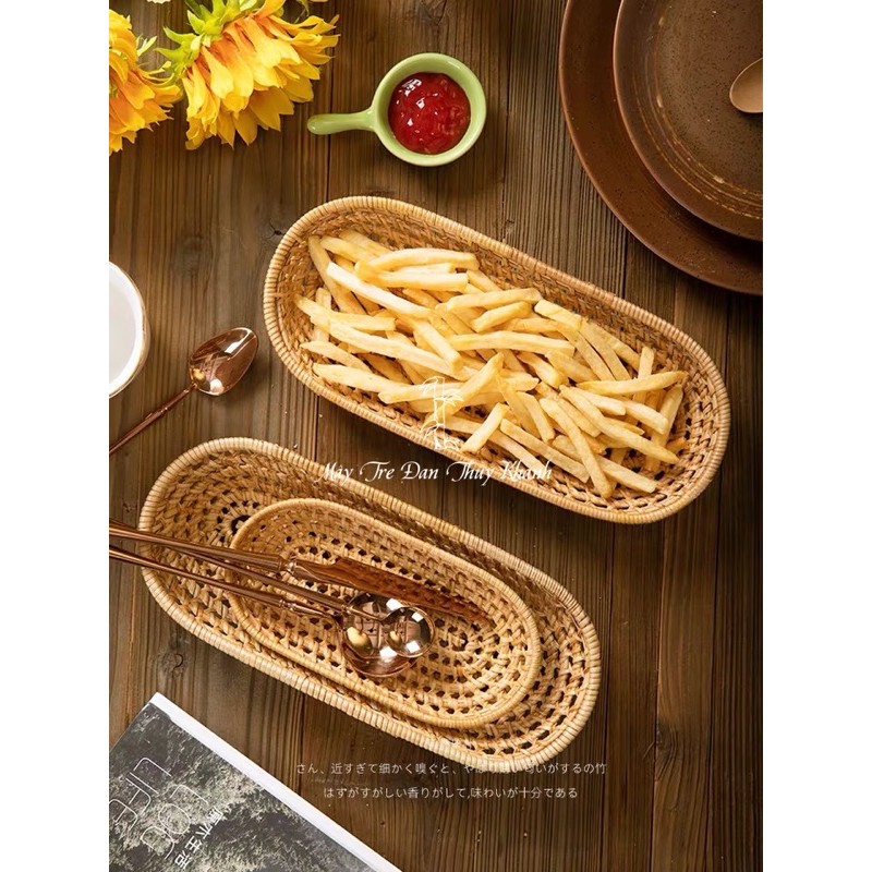 Đĩa mây bầu dục giỏ mây bầu dục đựng đồ ăn bánh kẹo khăn ướt decor chụp hình