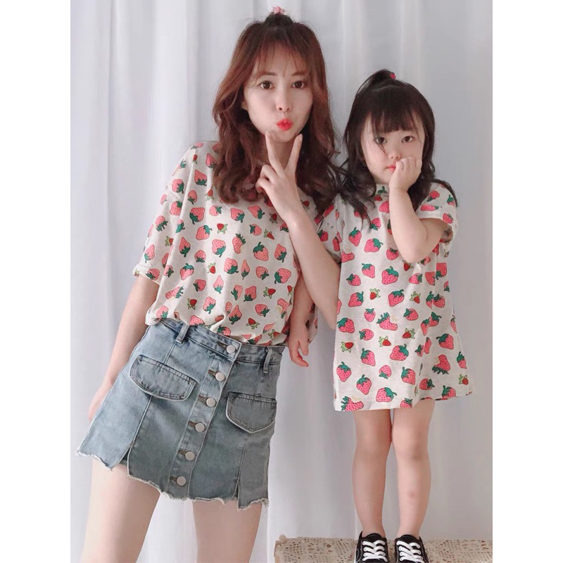 Ab397 - áo phông đôi mẹ bé màu be dâu tây hồng