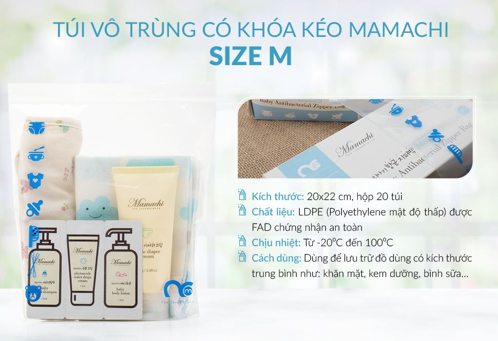 Túi vô trùng có khóa kéo Mamachi size M, hệ thống lưu trữ văn minh với khả năng kháng khuẩn cùng khóa kéo an toàn
