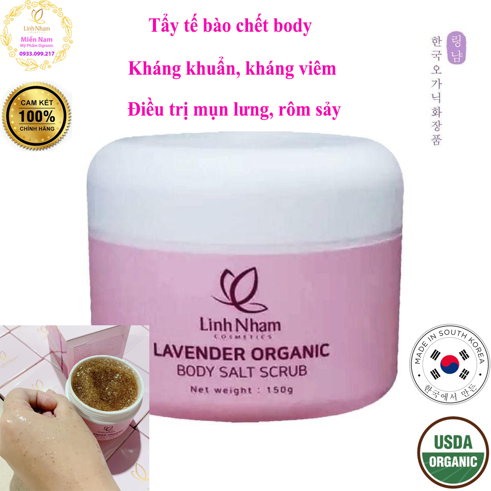 [HCM]Muối tắm thảo dược thiên nhiên Lavender Organic Linh Nhâm, tẩy tế bào chết body, dưỡng ẩm, sạch mụn lưng, viêm lỗ chân lông, viêm nang lông, rôm sảy, 150g - Linh Nhâm Cosmetics