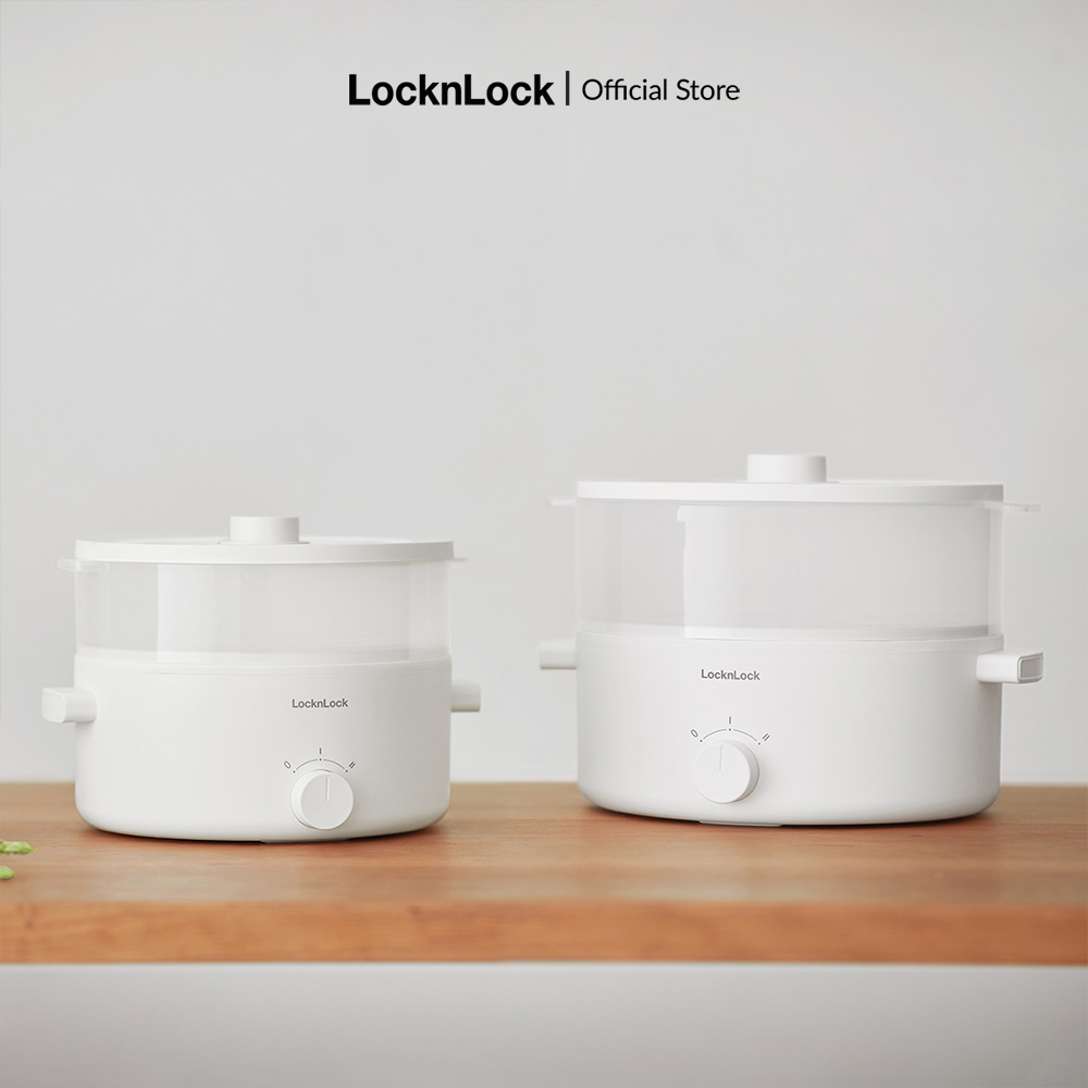 Nồi điện đa năng 2 tầng Bianco LocknLock Electric multipot - Màu ngà 3L (EJP124IVY)  5L(EJP134IVY) - 2 tầng, hấp trên nấu dưới, nắp trong suốt