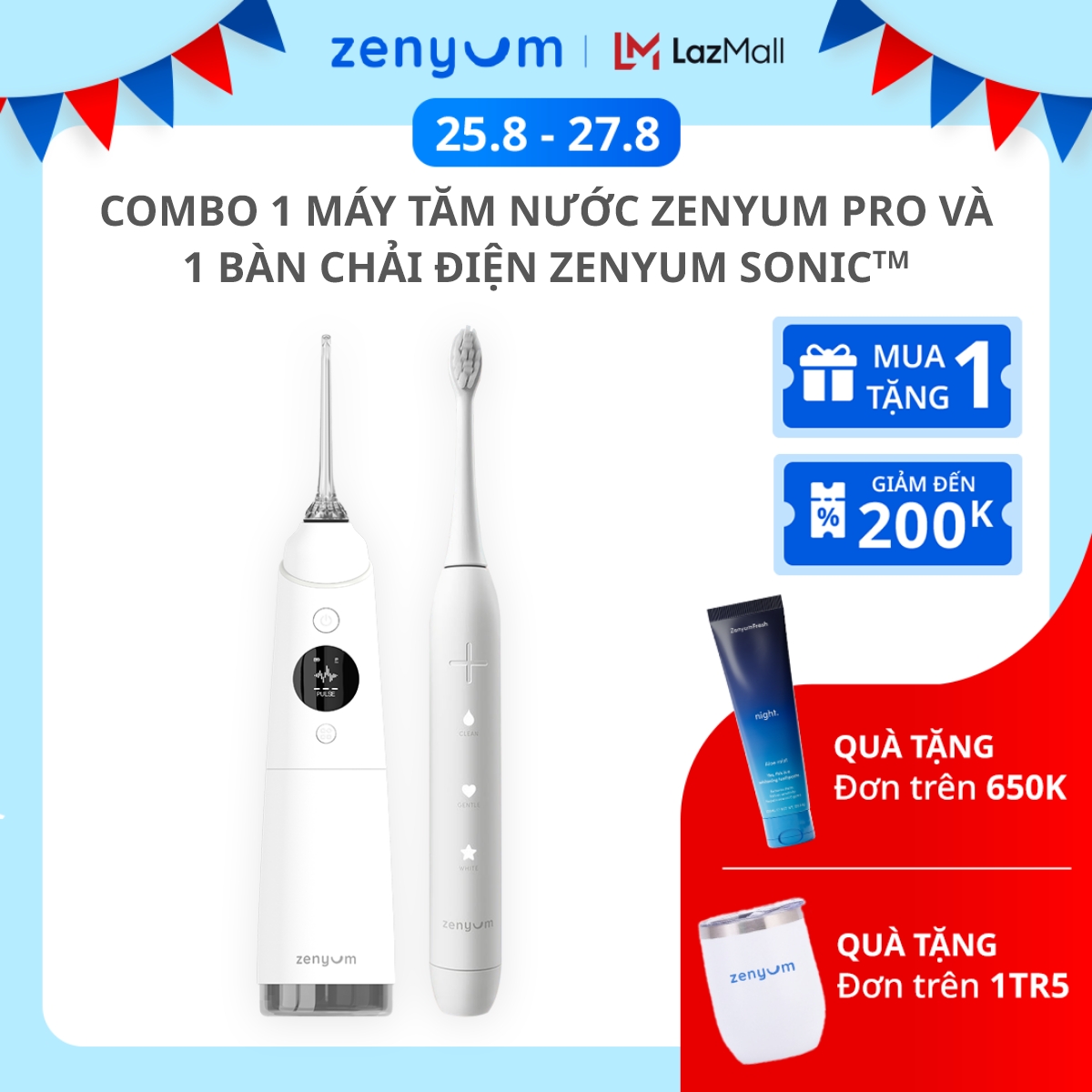 Combo 1 máy tăm nước zenyum pro và 1 bàn chải điện zenyum sonic