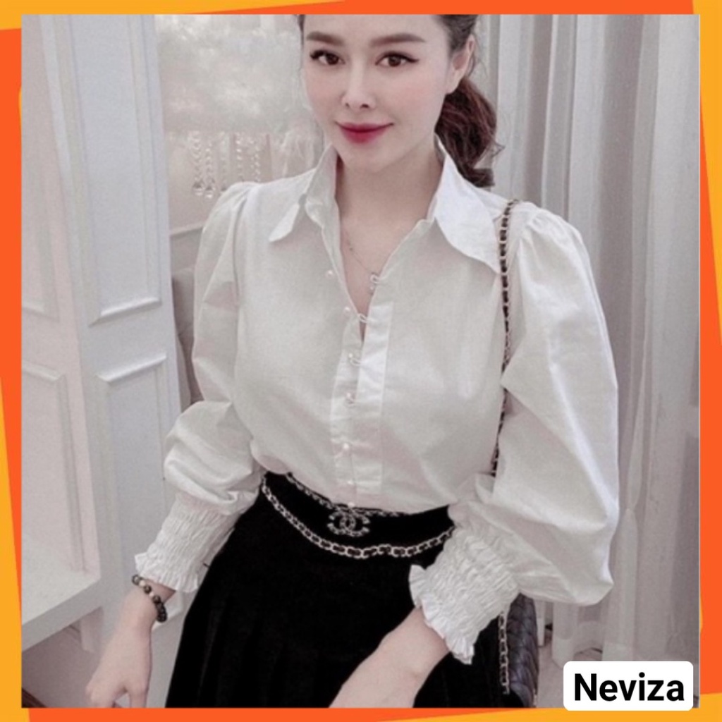 Áo sơ mi trắng nữ tay bồng cúc cài hạt siêu đẹp mặc đi chơi, đi làm, đi học đều đẹp asm02