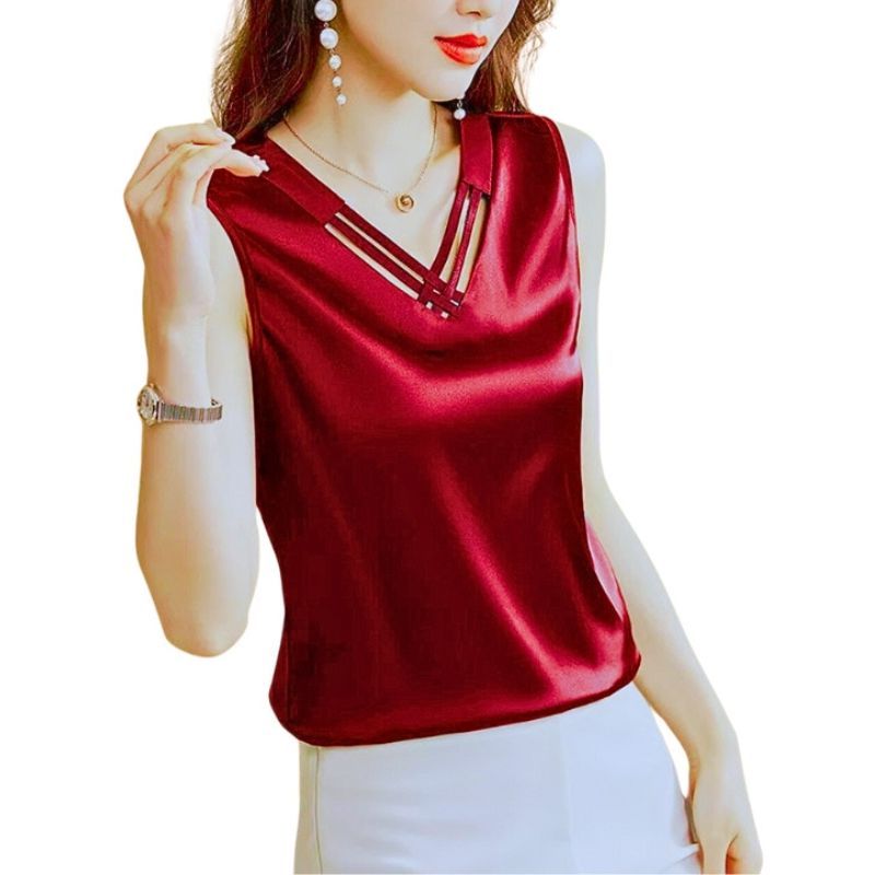 Áo kiểu nữ có size, sát nách, cổ sơ mi kiểu mới chất lụa latin thoáng mát - VannhShop AO0011
