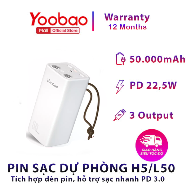 Pin sạc dự phòng Yoobao H5 50000mAh - Tích hợp đèn pin siêu sáng - Sạc nhanh cho điện thoại, macbook, laptop - Hàng phân phối chính hãng - Bảo hành 12 tháng
