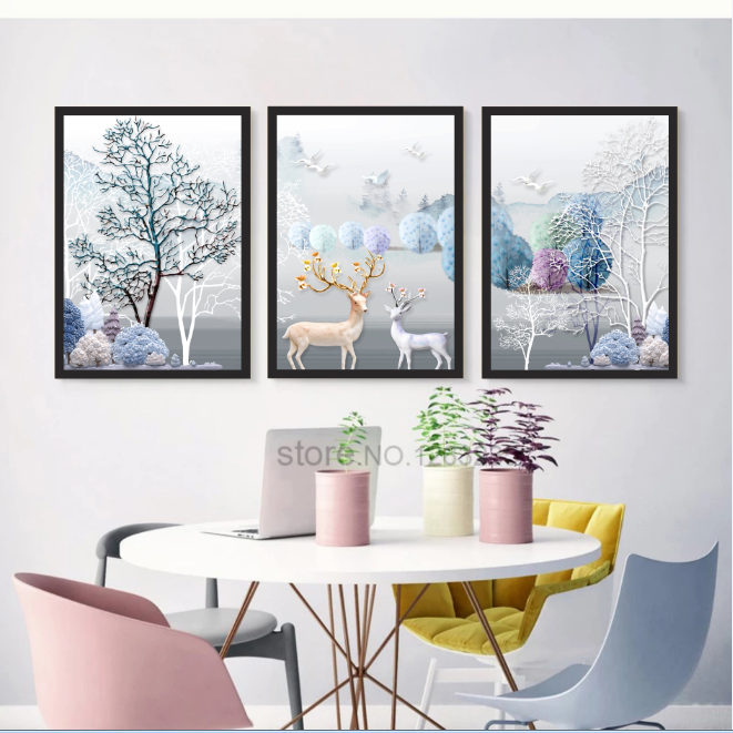 Bộ 3 khung tranh treo tường nghệ thuật in canvas - hươu hoa - kèm khung