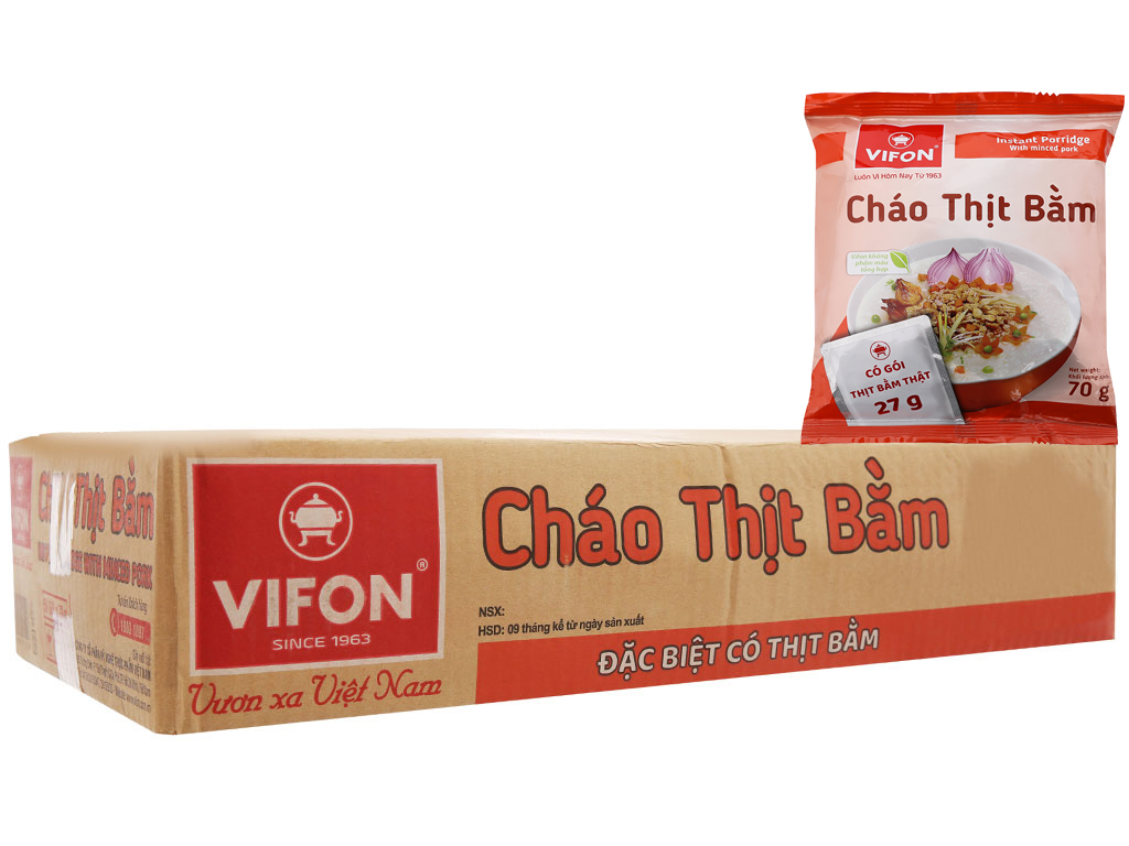 Cháo Thịt Bằm Có Gói Thịt Thật VIFON 70g/Gói, Thùng 50 gói.