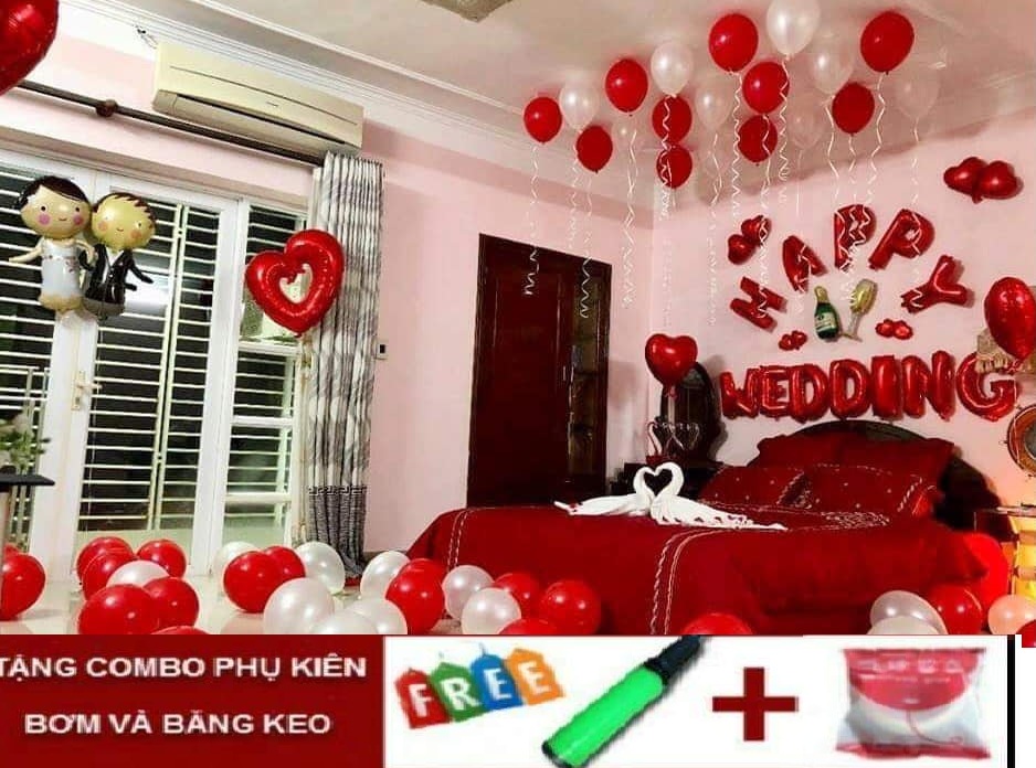 BÓNG CƯỚI TÔNG TRẮNG ĐỎ - Set Bóng Trang Trí Phòng Cưới, Phòng Tân Hôn 032 ( tặng bơm bóng, băng dính bóng, dây ruy băng)
